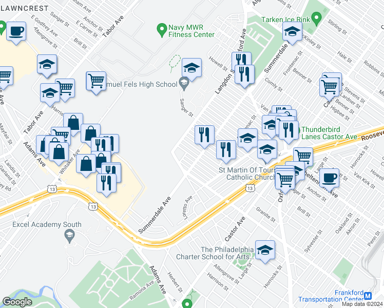 map of restaurants, bars, coffee shops, grocery stores, and more near 883 Granite Street in Philadelphia