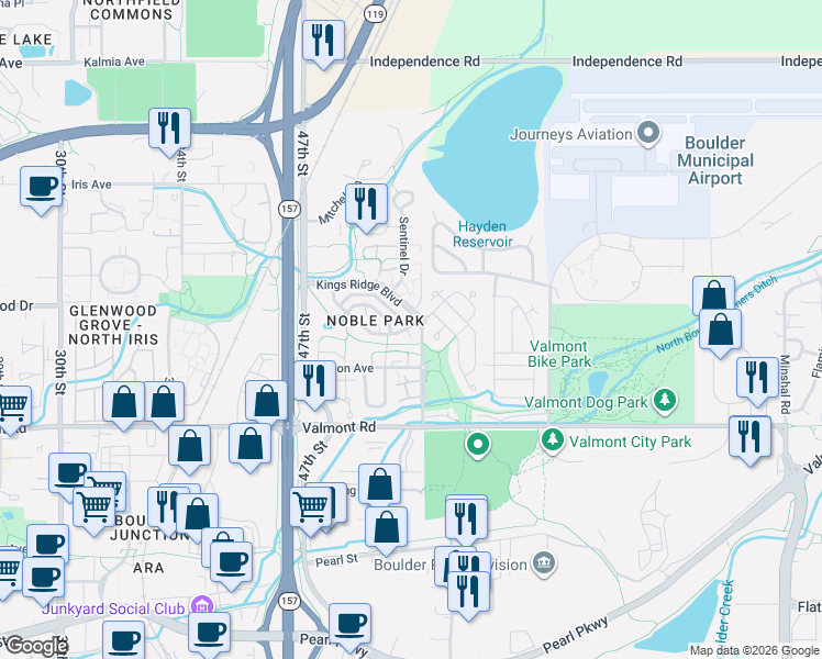 map of restaurants, bars, coffee shops, grocery stores, and more near 4888 Franklin Drive in Boulder