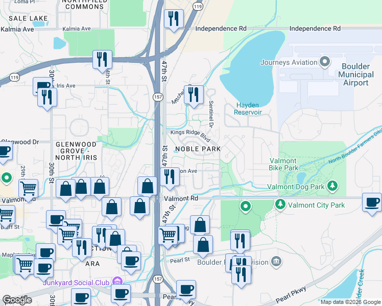 map of restaurants, bars, coffee shops, grocery stores, and more near 4825 Franklin Drive in Boulder