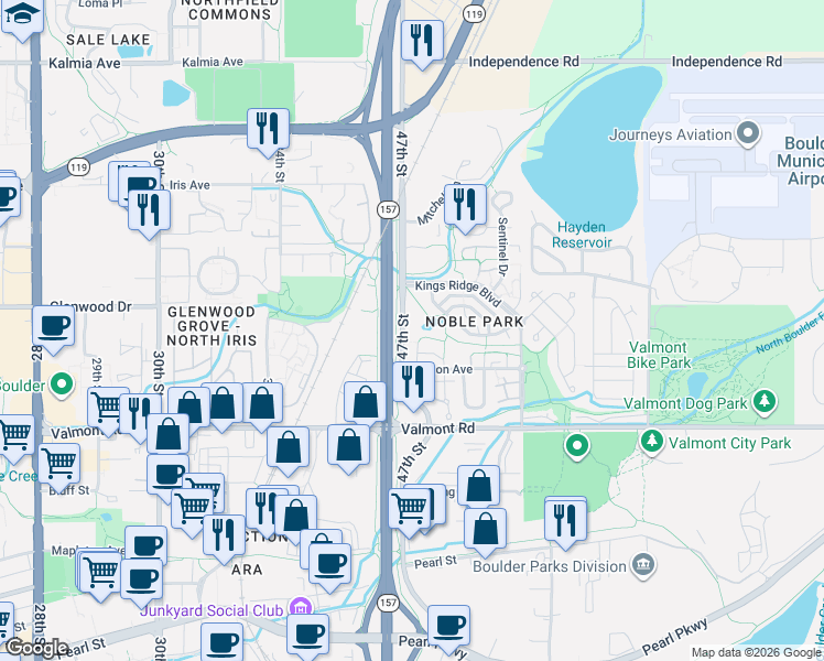 map of restaurants, bars, coffee shops, grocery stores, and more near 3202 47th Street in Boulder