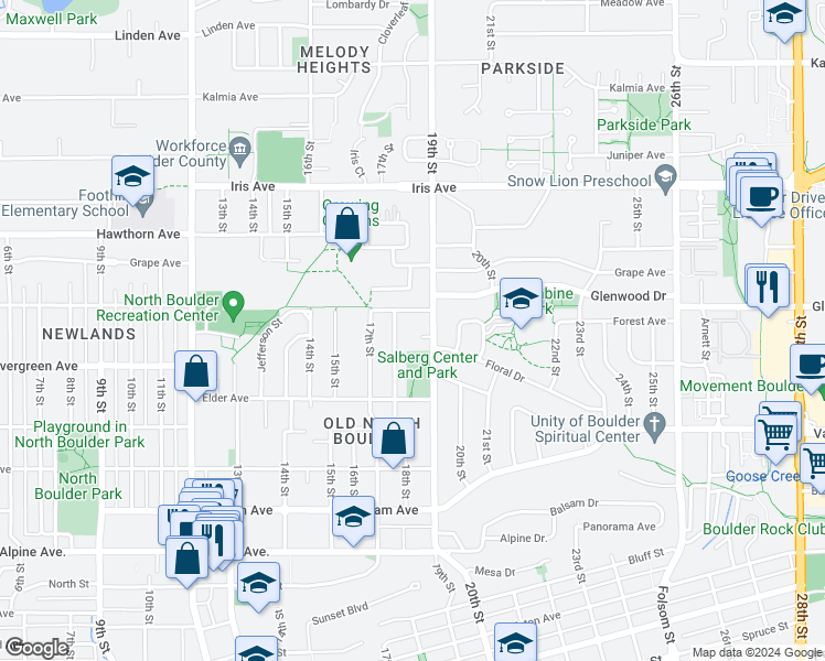 map of restaurants, bars, coffee shops, grocery stores, and more near 3105 Fern Place in Boulder