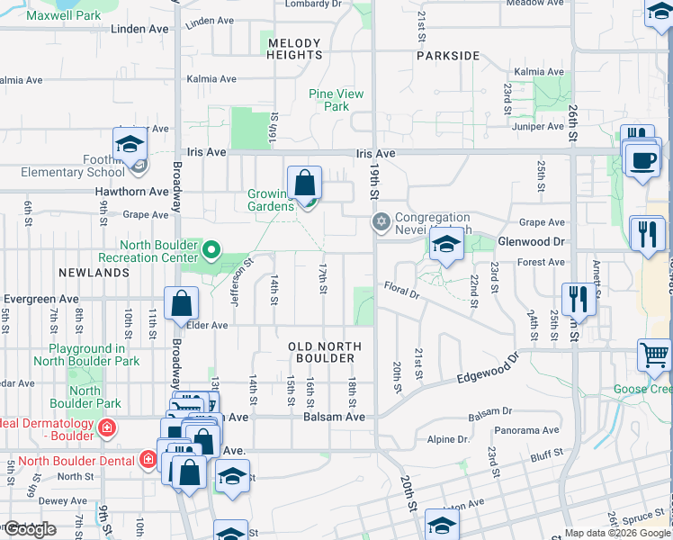 map of restaurants, bars, coffee shops, grocery stores, and more near 3155 18th Street in Boulder