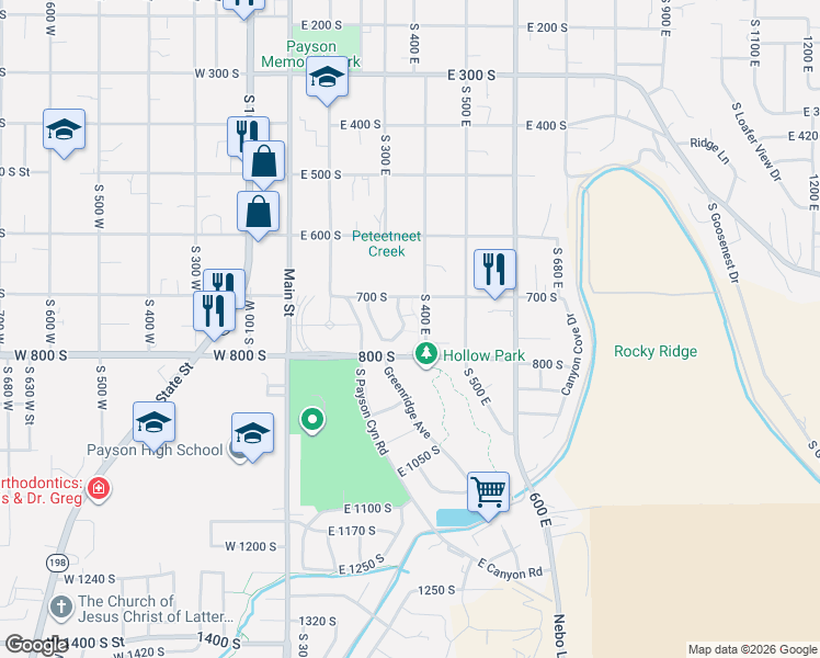 map of restaurants, bars, coffee shops, grocery stores, and more near 304 Jay Lane in Payson