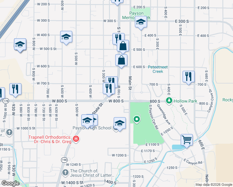map of restaurants, bars, coffee shops, grocery stores, and more near 771 South 100 West in Payson