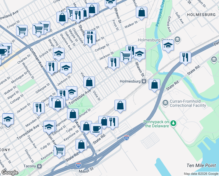 map of restaurants, bars, coffee shops, grocery stores, and more near 4757 Marple Street in Philadelphia