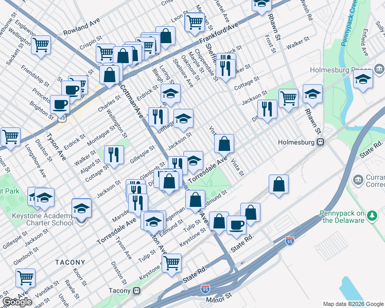 map of restaurants, bars, coffee shops, grocery stores, and more near 4555 Aldine Street in Philadelphia