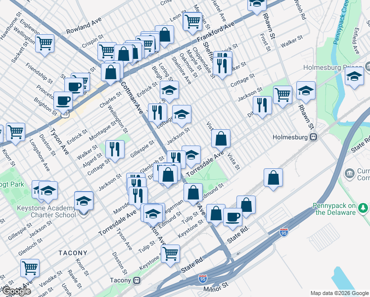 map of restaurants, bars, coffee shops, grocery stores, and more near 4555 Aldine Street in Philadelphia