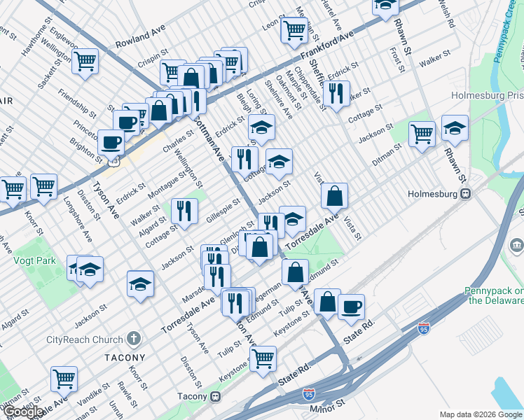 map of restaurants, bars, coffee shops, grocery stores, and more near 4525 Cottman Avenue in Philadelphia