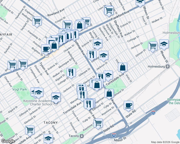 map of restaurants, bars, coffee shops, grocery stores, and more near 7236 Jackson Street in Philadelphia