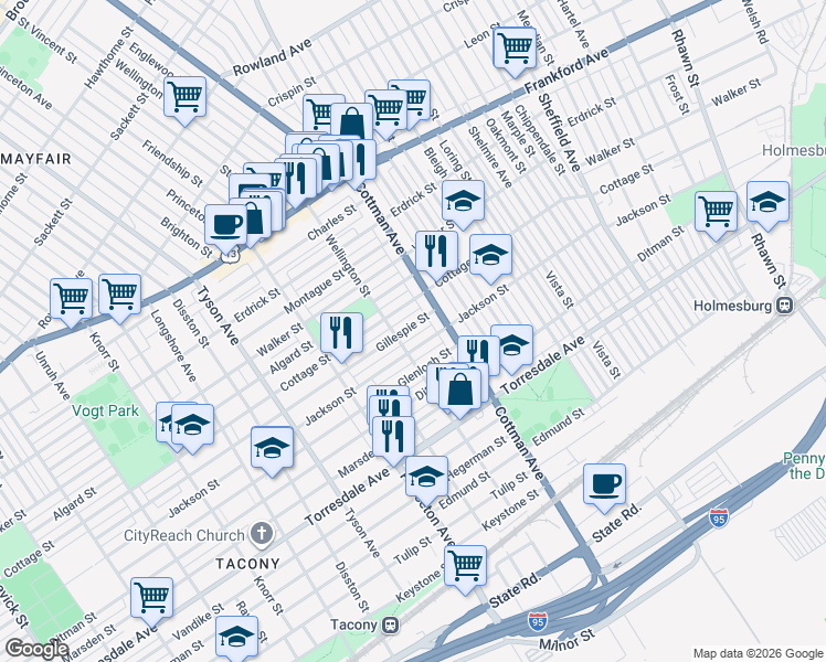 map of restaurants, bars, coffee shops, grocery stores, and more near 7186 Gillespie Street in Philadelphia