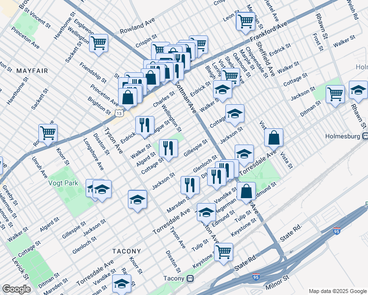 map of restaurants, bars, coffee shops, grocery stores, and more near 7186 Gillespie Street in Philadelphia