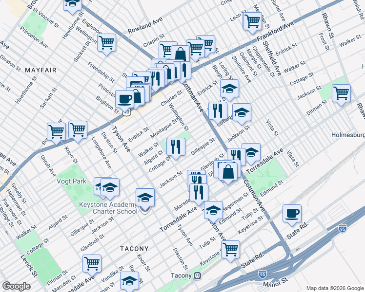 map of restaurants, bars, coffee shops, grocery stores, and more near 7138 Cottage Street in Philadelphia
