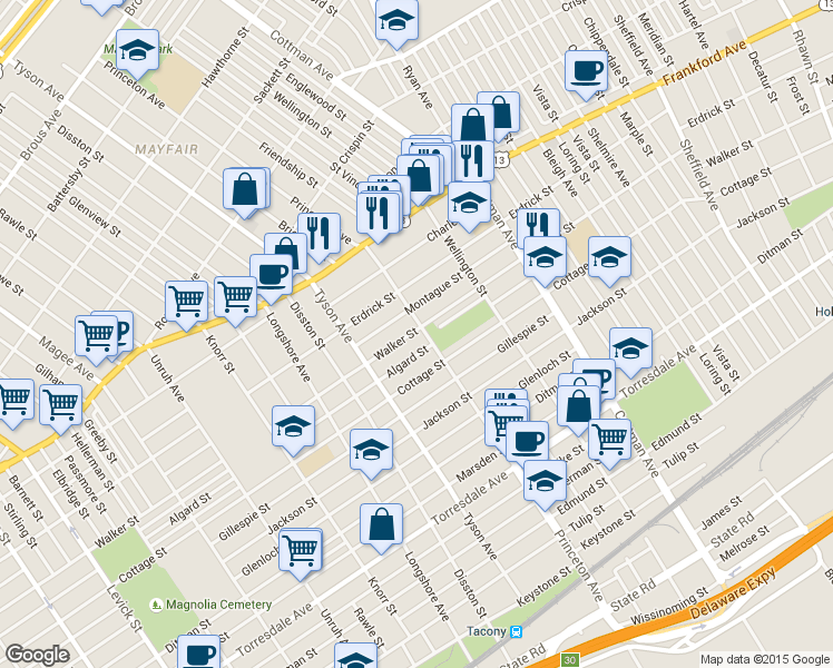 map of restaurants, bars, coffee shops, grocery stores, and more near 4301-4349 Princeton Avenue in Philadelphia