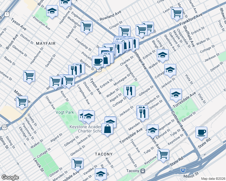 map of restaurants, bars, coffee shops, grocery stores, and more near 7028 Walker Street in Philadelphia