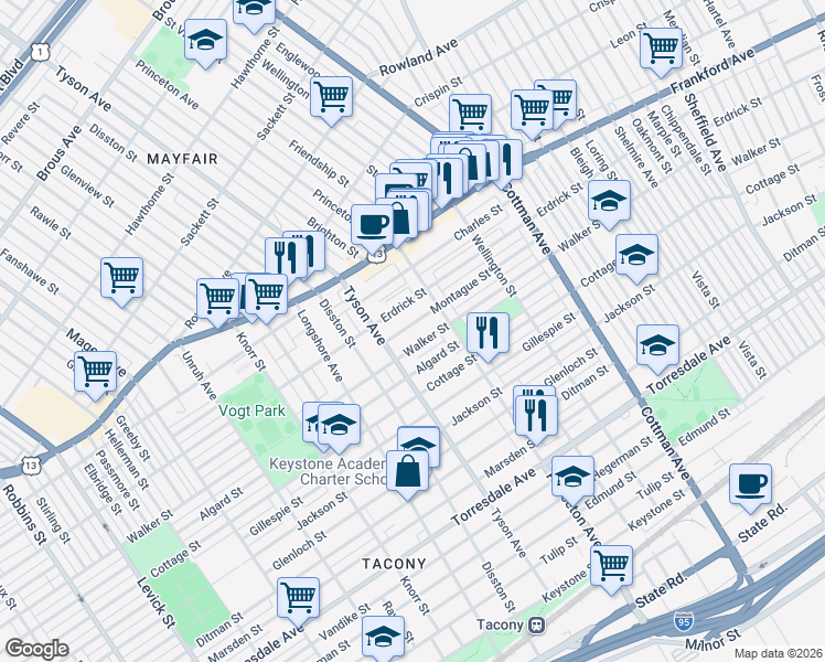 map of restaurants, bars, coffee shops, grocery stores, and more near 7028 Walker Street in Philadelphia