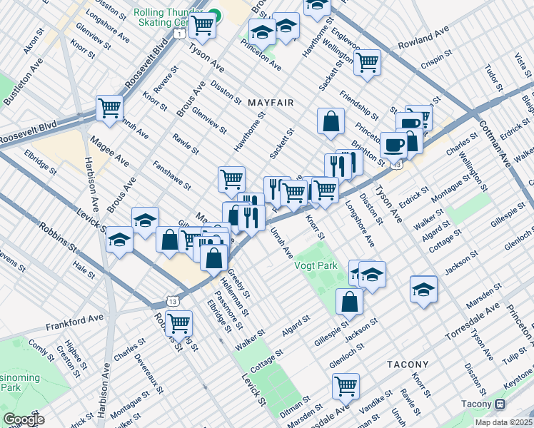 map of restaurants, bars, coffee shops, grocery stores, and more near 6716 Frankford Avenue in Philadelphia