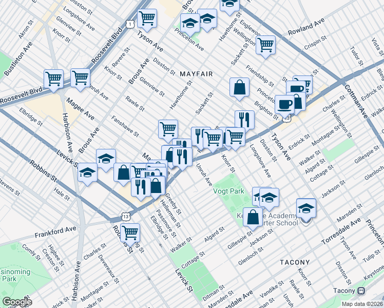 map of restaurants, bars, coffee shops, grocery stores, and more near in Philadelphia