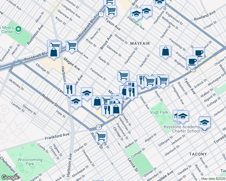 map of restaurants, bars, coffee shops, grocery stores, and more near 3123 Magee Avenue in Philadelphia