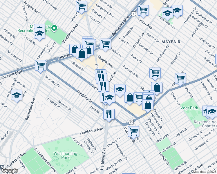 map of restaurants, bars, coffee shops, grocery stores, and more near 2931 Passmore Street in Philadelphia