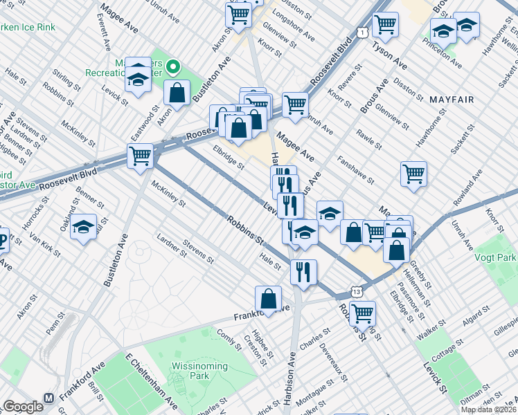 map of restaurants, bars, coffee shops, grocery stores, and more near 6353 Cardiff Street in Philadelphia