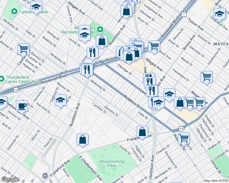 map of restaurants, bars, coffee shops, grocery stores, and more near 6255 Farnsworth Street in Philadelphia