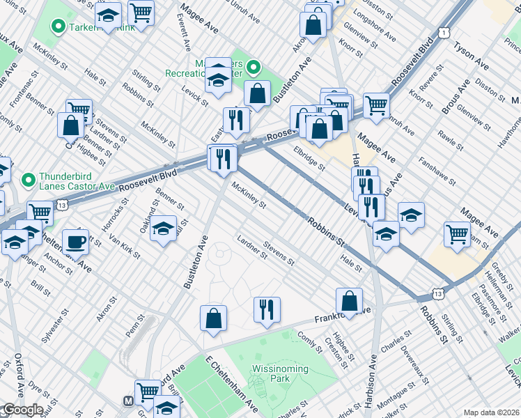 map of restaurants, bars, coffee shops, grocery stores, and more near 2053 Devereaux Avenue in Philadelphia
