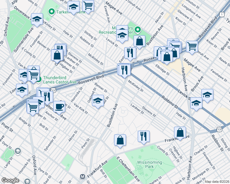 map of restaurants, bars, coffee shops, grocery stores, and more near 1987 Lardner Street in Philadelphia