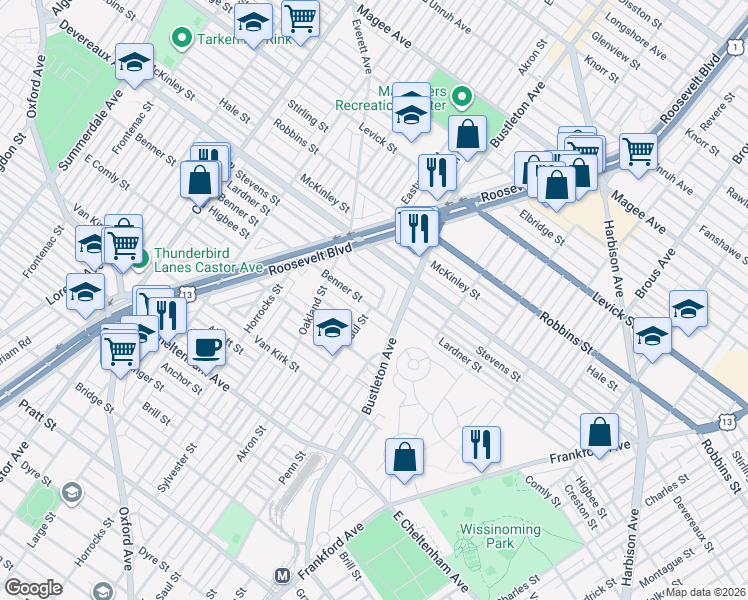map of restaurants, bars, coffee shops, grocery stores, and more near 1987 Lardner Street in Philadelphia