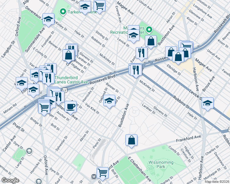 map of restaurants, bars, coffee shops, grocery stores, and more near 1640 Benner Street in Philadelphia