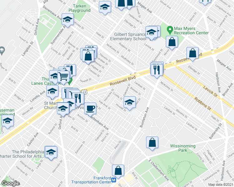 map of restaurants, bars, coffee shops, grocery stores, and more near 5959R Horrocks Street in Philadelphia