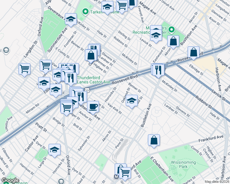 map of restaurants, bars, coffee shops, grocery stores, and more near 5959R Horrocks Street in Philadelphia