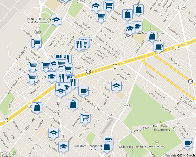 map of restaurants, bars, coffee shops, grocery stores, and more near 1449 Howell Street in Philadelphia
