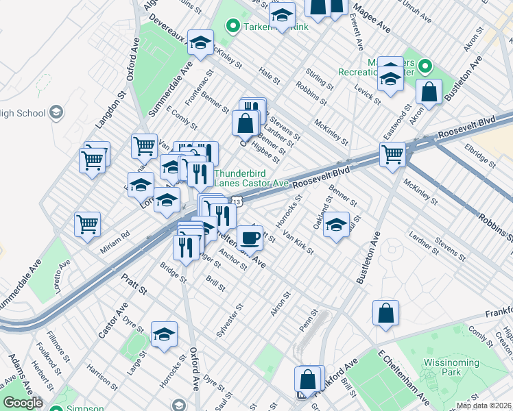 map of restaurants, bars, coffee shops, grocery stores, and more near 5901 Roosevelt Boulevard in Philadelphia