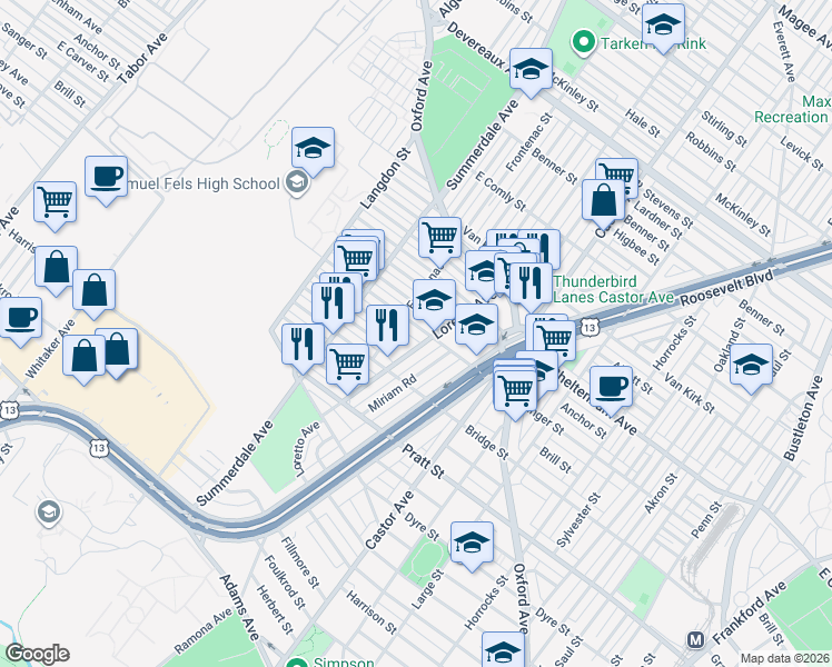 map of restaurants, bars, coffee shops, grocery stores, and more near 982 East Sanger Street in Philadelphia