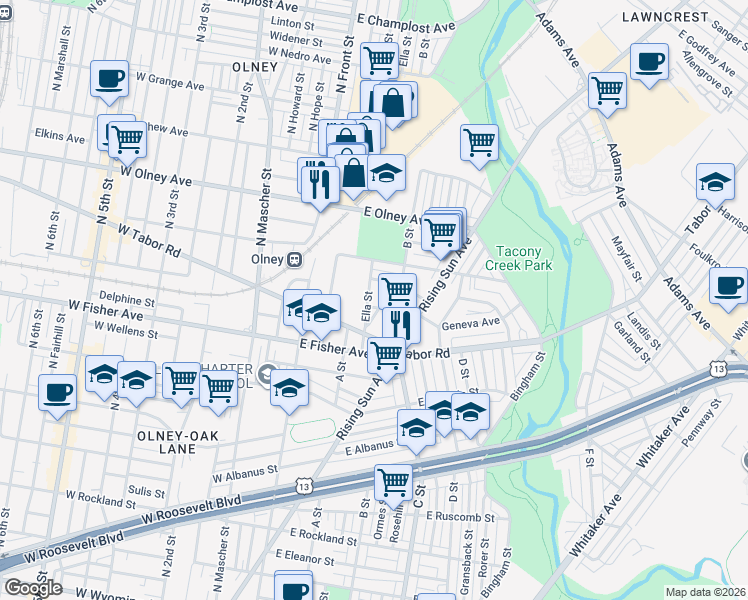 map of restaurants, bars, coffee shops, grocery stores, and more near 5402 B Street in Philadelphia