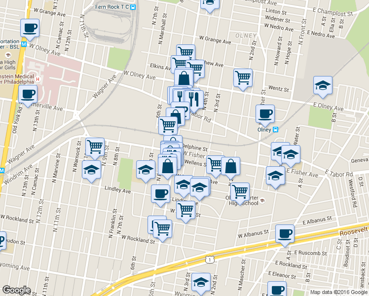 map of restaurants, bars, coffee shops, grocery stores, and more near 431 West Fisher Avenue in Philadelphia