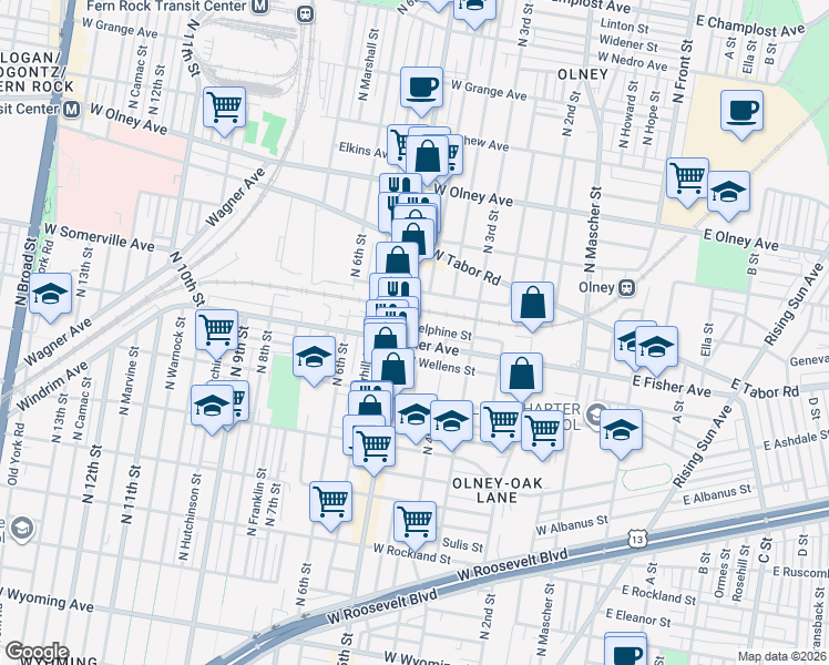 map of restaurants, bars, coffee shops, grocery stores, and more near 431 West Fisher Avenue in Philadelphia
