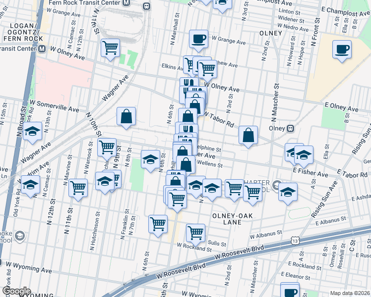 map of restaurants, bars, coffee shops, grocery stores, and more near 515 West Fisher Avenue in Philadelphia