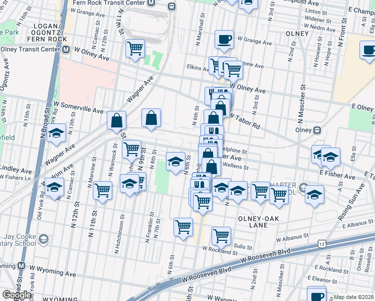 map of restaurants, bars, coffee shops, grocery stores, and more near 5265 North 6th Street in Philadelphia