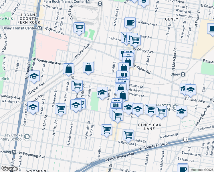map of restaurants, bars, coffee shops, grocery stores, and more near 5265 North 6th Street in Philadelphia