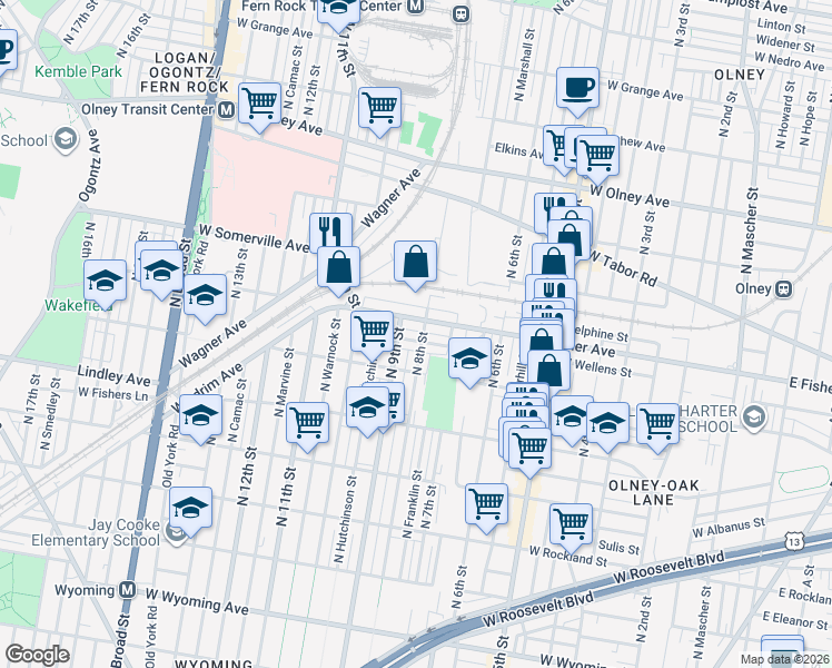 map of restaurants, bars, coffee shops, grocery stores, and more near 745 West Wellens Street in Philadelphia
