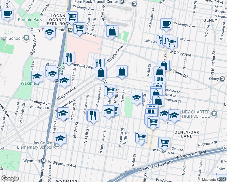 map of restaurants, bars, coffee shops, grocery stores, and more near 5235 North Hutchinson Street in Philadelphia