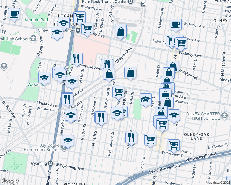 map of restaurants, bars, coffee shops, grocery stores, and more near 5226 North 10th Street in Philadelphia