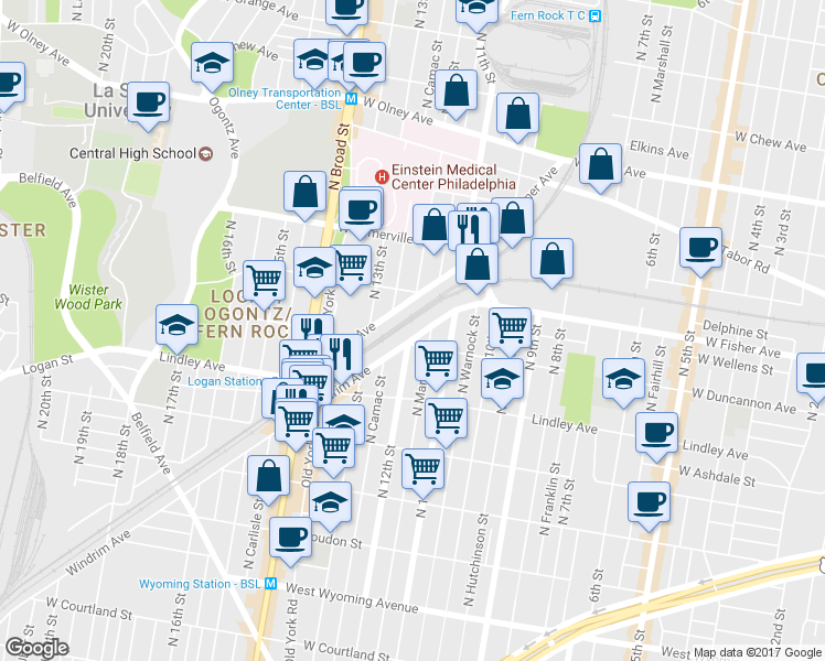 map of restaurants, bars, coffee shops, grocery stores, and more near 1175 Windrim Avenue in Philadelphia