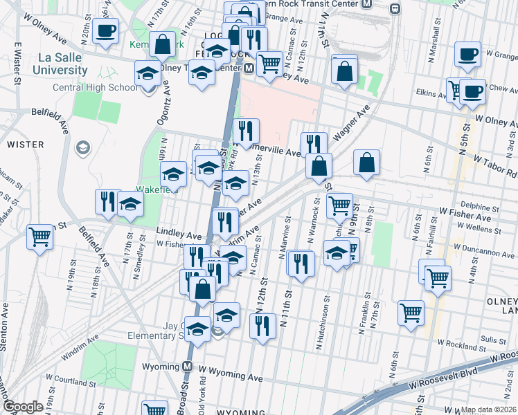 map of restaurants, bars, coffee shops, grocery stores, and more near 1250 Wagner Avenue in Philadelphia