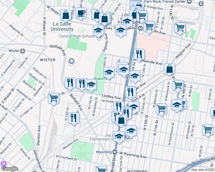 map of restaurants, bars, coffee shops, grocery stores, and more near 5145 North Sydenham Street in Philadelphia
