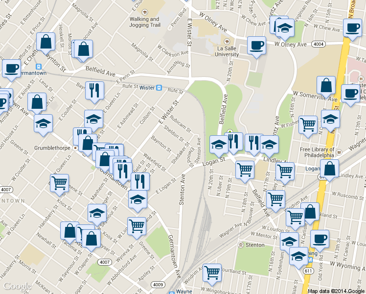 map of restaurants, bars, coffee shops, grocery stores, and more near 327 Shedaker Street in Philadelphia