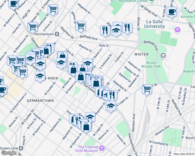 map of restaurants, bars, coffee shops, grocery stores, and more near 76 East Ashmead Street in Philadelphia