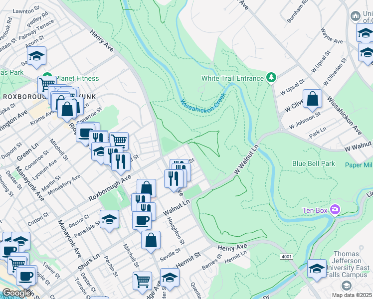 map of restaurants, bars, coffee shops, grocery stores, and more near 5876 Magdalena Street in Philadelphia