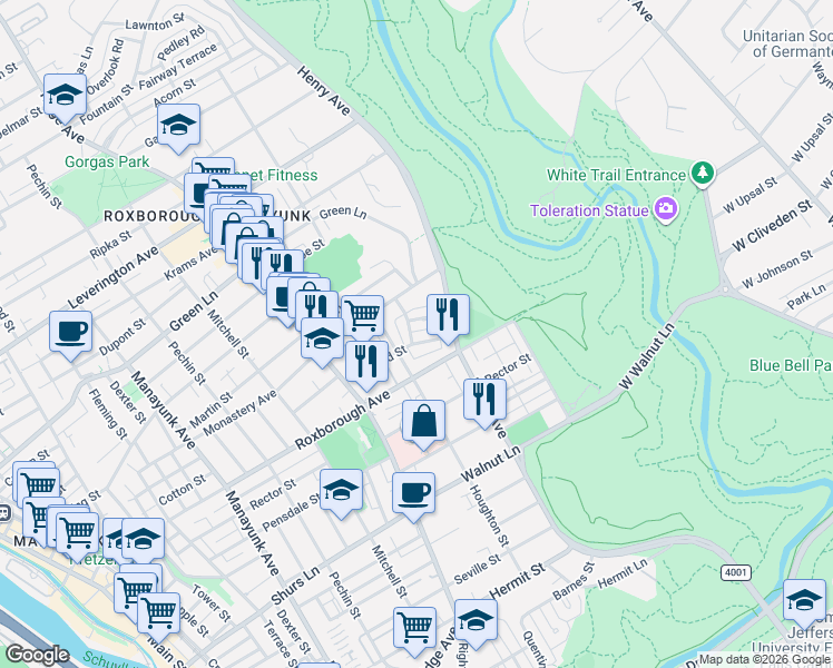 map of restaurants, bars, coffee shops, grocery stores, and more near 5928 Houghton Street in Philadelphia